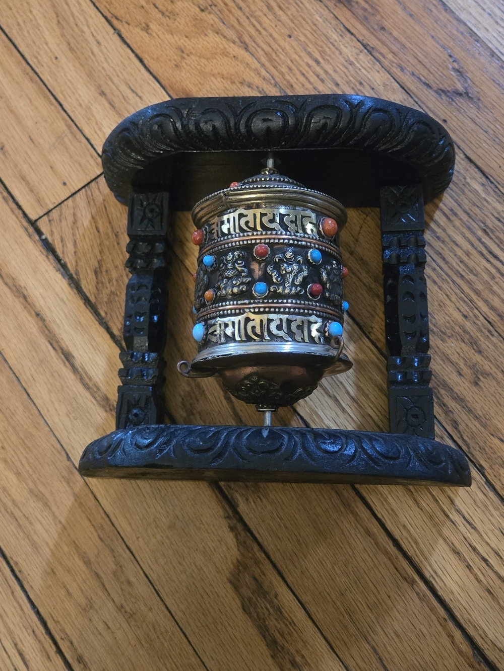 Handcrafted Tibetan Metal Prayer Wheel Carved With Coral/torquoise Stones